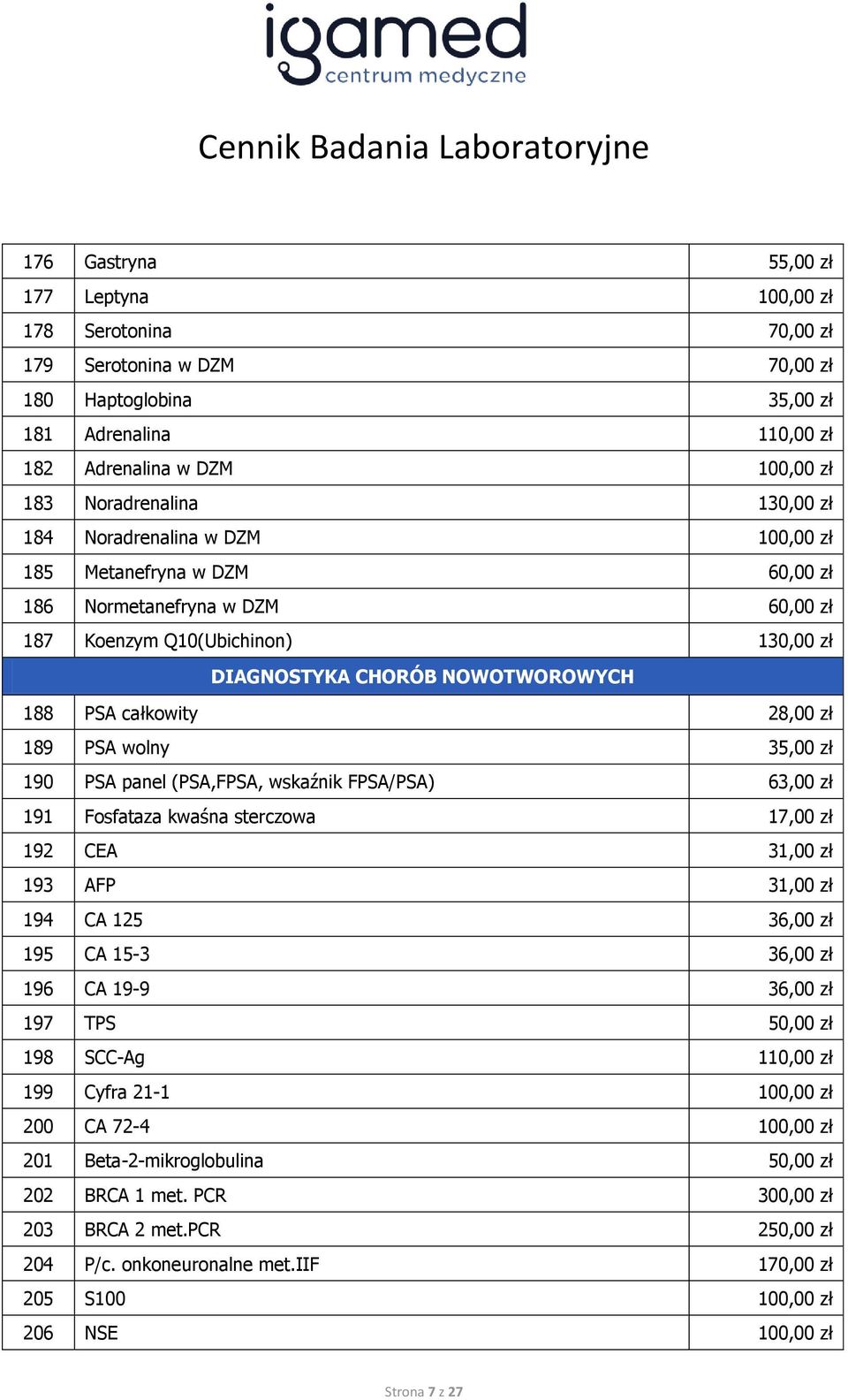 28,00 zł 189 PSA wolny 35,00 zł 190 PSA panel (PSA,FPSA, wskaźnik FPSA/PSA) 63,00 zł 191 Fosfataza kwaśna sterczowa 17,00 zł 192 CEA 31,00 zł 193 AFP 31,00 zł 194 CA 125 36,00 zł 195 CA 15-3 36,00 zł