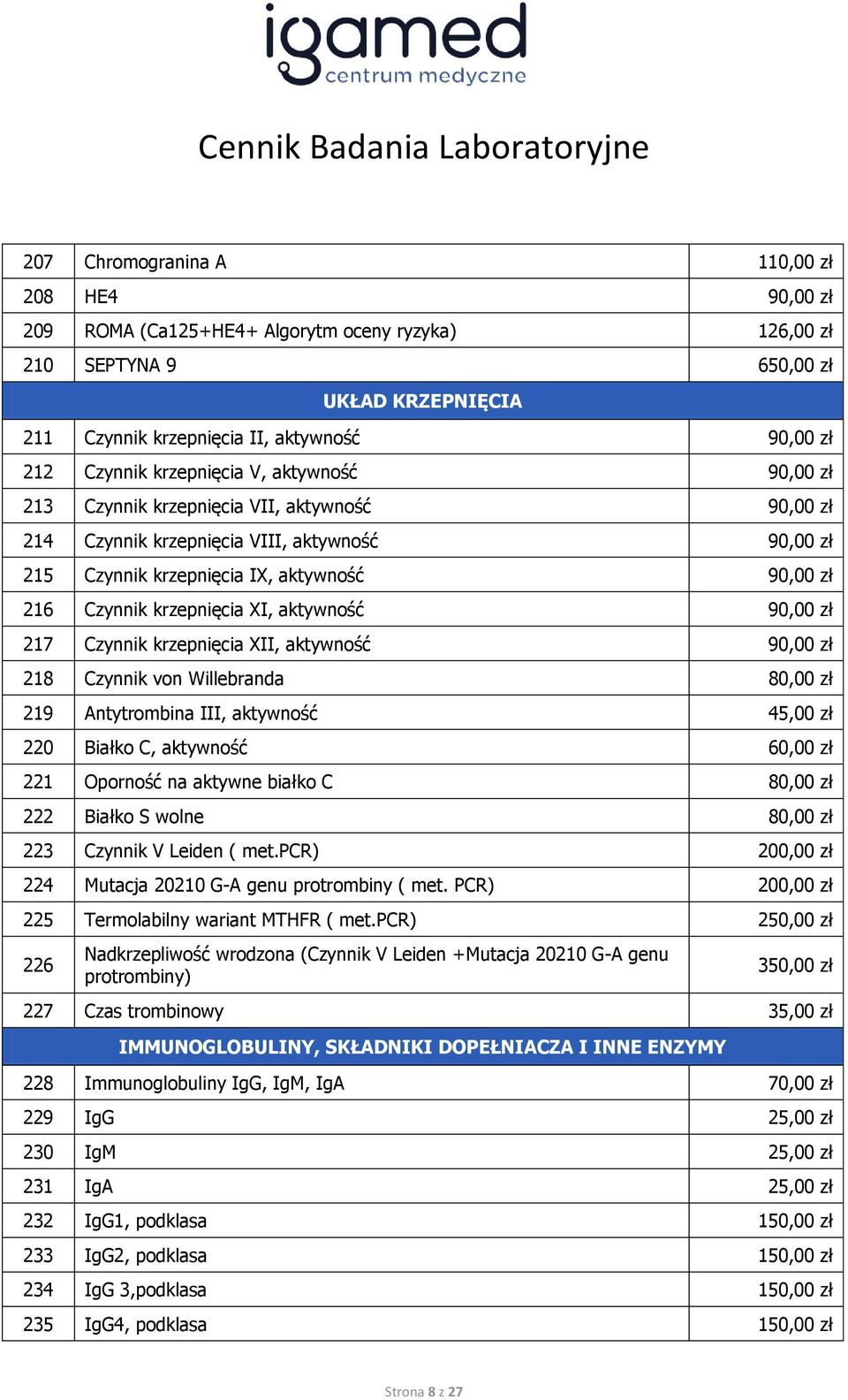 krzepnięcia XI, aktywność 90,00 zł 217 Czynnik krzepnięcia XII, aktywność 90,00 zł 218 Czynnik von Willebranda 80,00 zł 219 Antytrombina III, aktywność 45,00 zł 220 Białko C, aktywność 60,00 zł 221
