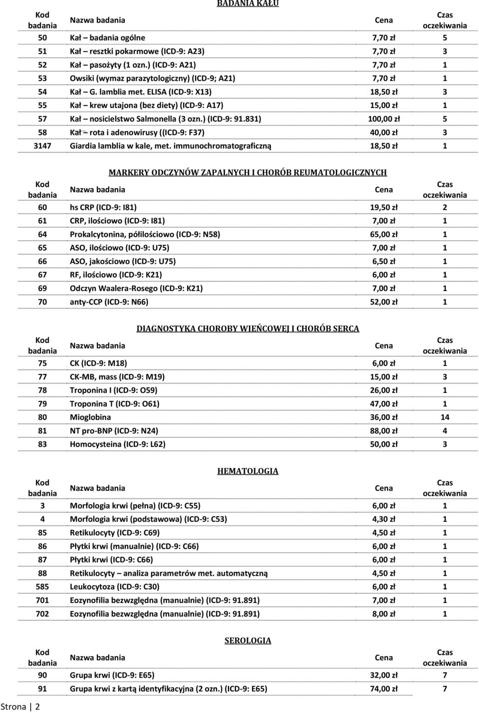 831) 100,00 zł 5 58 Kał rota i adenowirusy ((ICD-9: F37) 40,00 zł 3 3147 Giardia lamblia w kale, met.