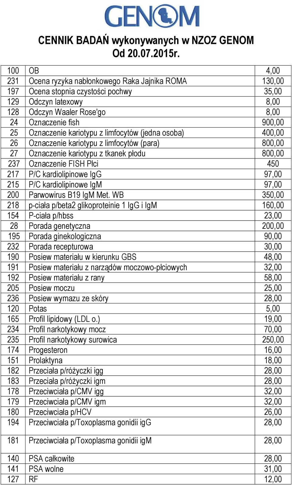 kardiolipinowe IgG 97,00 215 P/C kardiolipinowe IgM 97,00 200 Parwowirus B19 IgM Met.