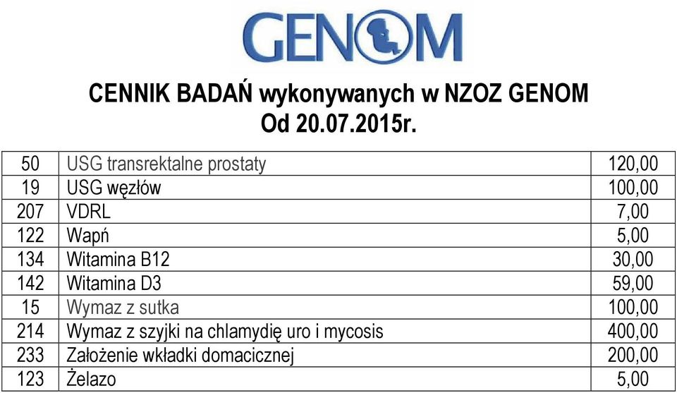 59,00 15 Wymaz z sutka 100,00 214 Wymaz z szyjki na chlamydię uro