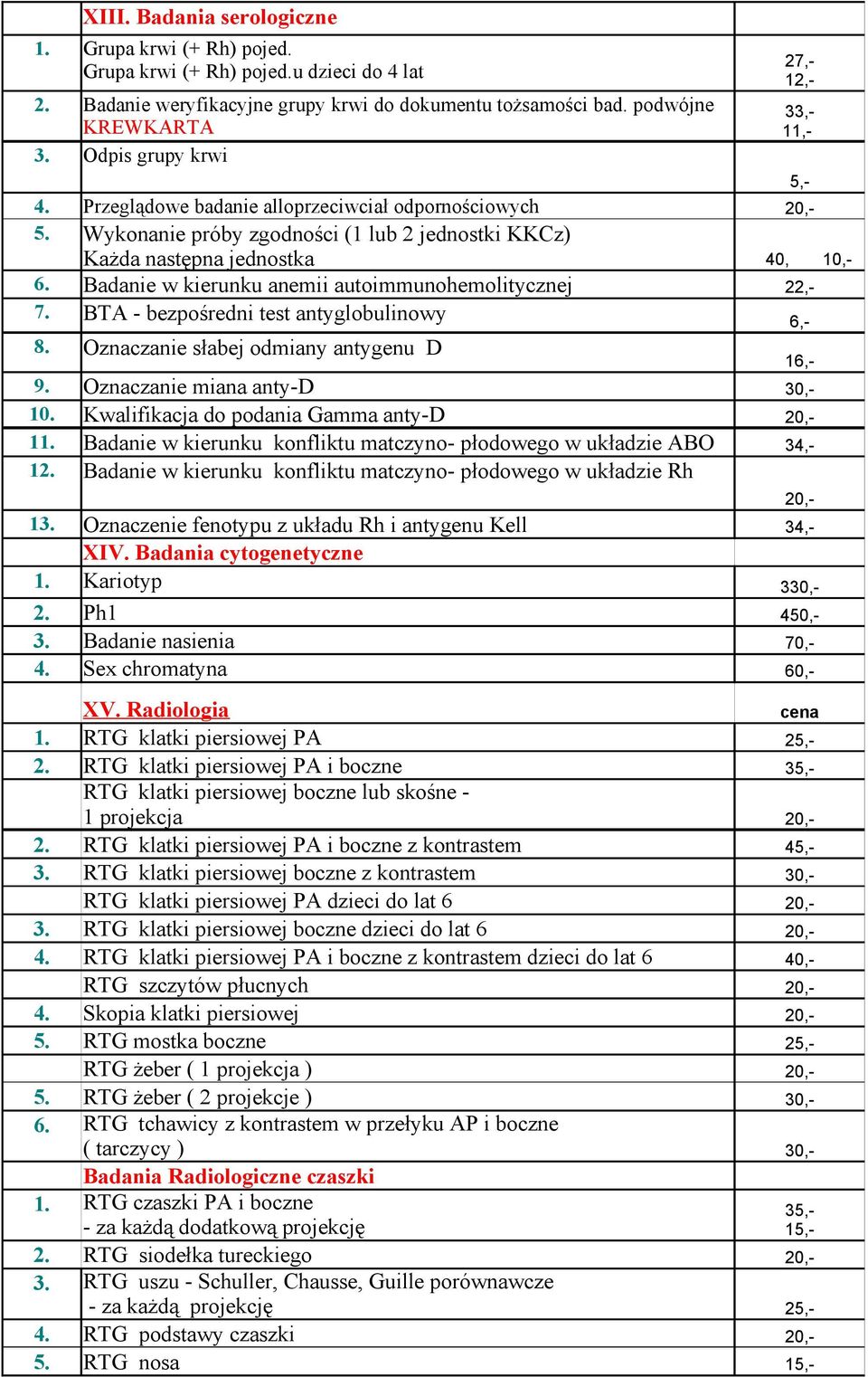 Wykonanie próby zgodności (1 lub 2 jednostki KKCz) Każda następna jednostka Badanie w kierunku anemii autoimmunohemolitycznej 40, 10,- 8. Oznaczanie słabej odmiany antygenu D 9.