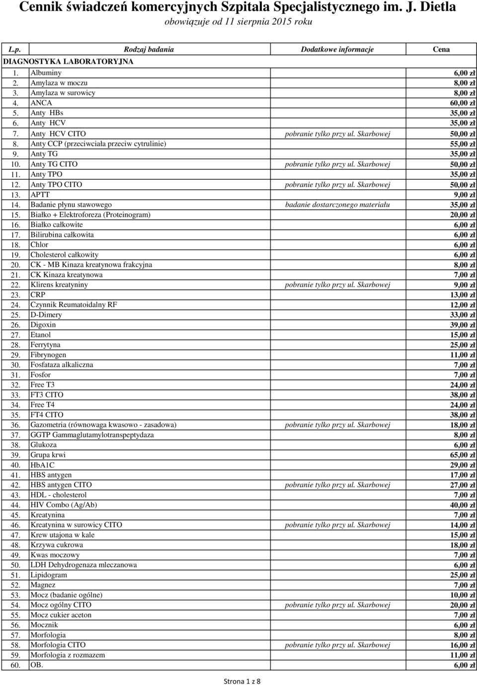 Skarbowej 50,00 zł 11. Anty TPO 35,00 zł 12. Anty TPO CITO pobranie tylko przy ul. Skarbowej 50,00 zł 13. APTT 9,00 zł 14. Badanie płynu stawowego badanie dostarczonego materiału 35,00 zł 15.