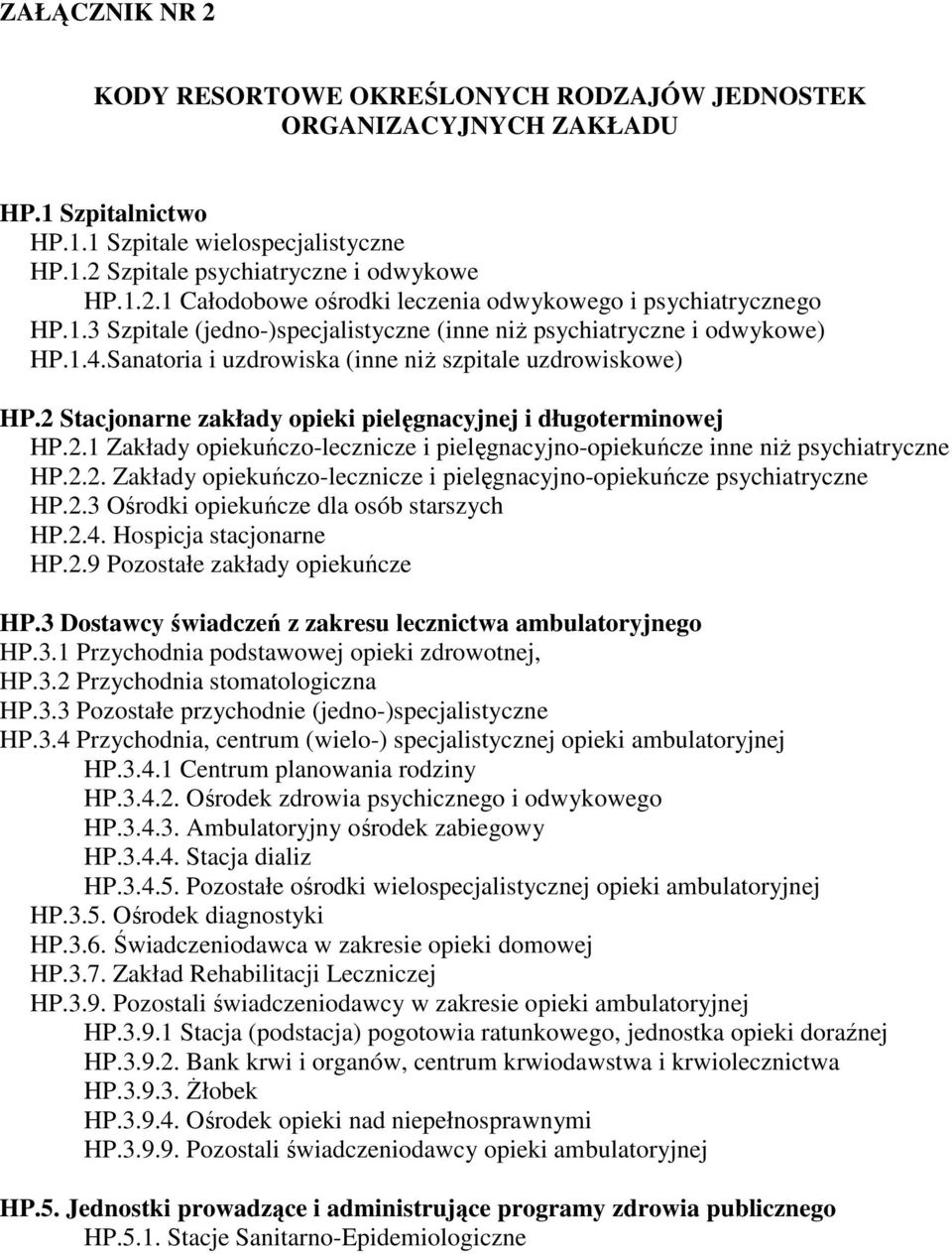 2 Stacjonarne zakłady opieki pielęgnacyjnej i długoterminowej HP.2.1 Zakłady opiekuńczo-lecznicze i pielęgnacyjno-opiekuńcze inne niż psychiatryczne HP.2.2. Zakłady opiekuńczo-lecznicze i pielęgnacyjno-opiekuńcze psychiatryczne HP.