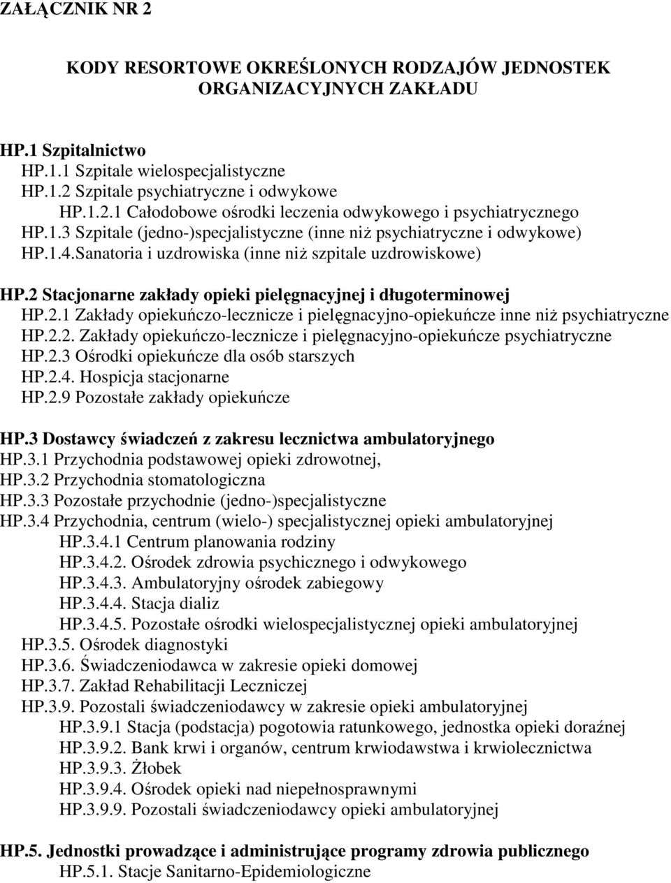 2 Stacjonarne zakłady opieki pielęgnacyjnej i długoterminowej HP.2.1 Zakłady opiekuńczo-lecznicze i pielęgnacyjno-opiekuńcze inne niż psychiatryczne HP.2.2. Zakłady opiekuńczo-lecznicze i pielęgnacyjno-opiekuńcze psychiatryczne HP.