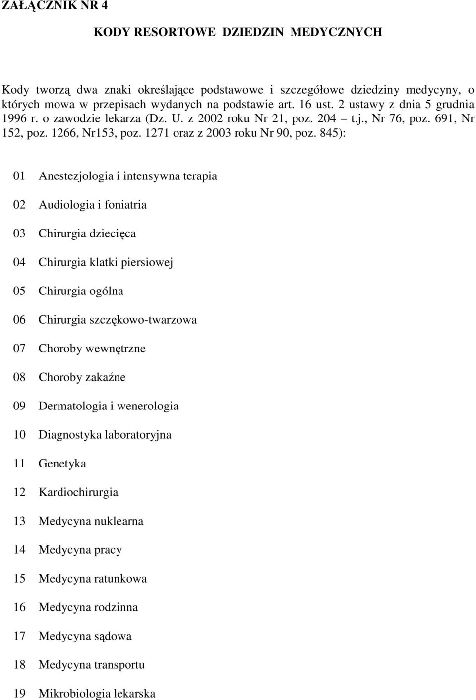 845): 01 Anestezjologia i intensywna terapia 02 Audiologia i foniatria 03 Chirurgia dziecięca 04 Chirurgia klatki piersiowej 05 Chirurgia ogólna 06 Chirurgia szczękowo-twarzowa 07 Choroby wewnętrzne