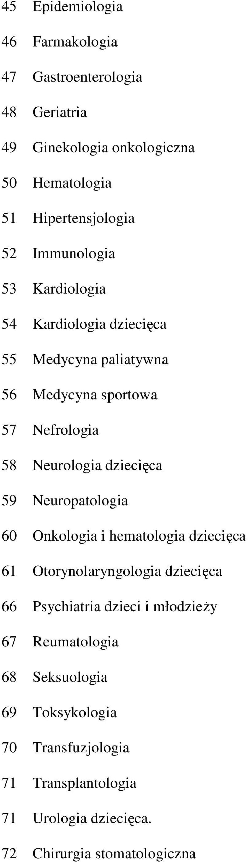 dziecięca 59 Neuropatologia 60 Onkologia i hematologia dziecięca 61 Otorynolaryngologia dziecięca 66 Psychiatria dzieci i młodzieży