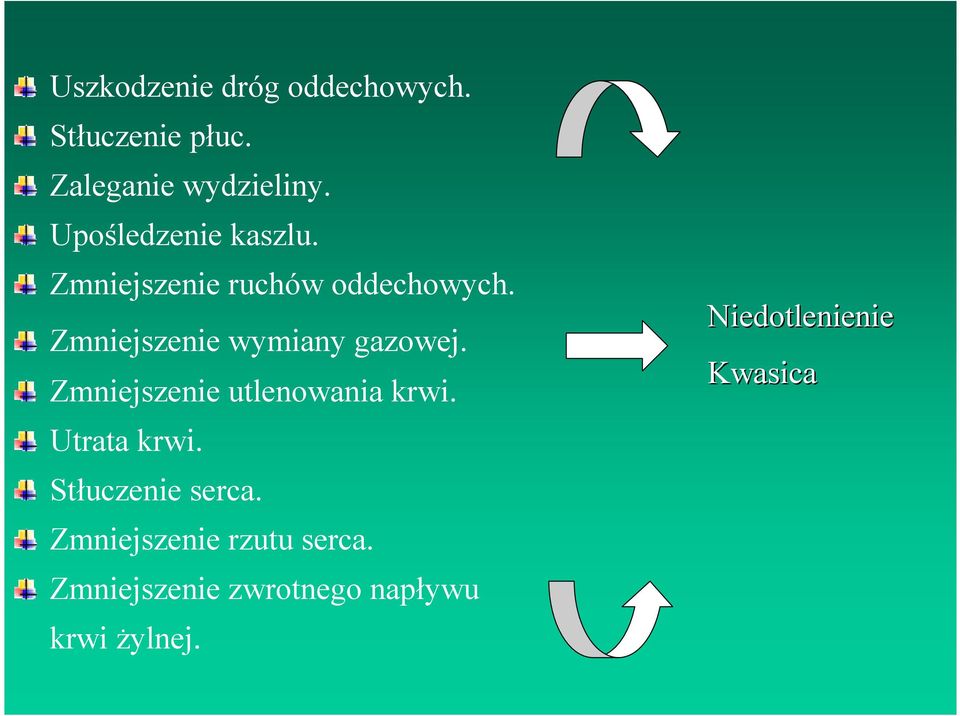 Zmniejszenie wymiany gazowej. Zmniejszenie utlenowania krwi. Utrata krwi.