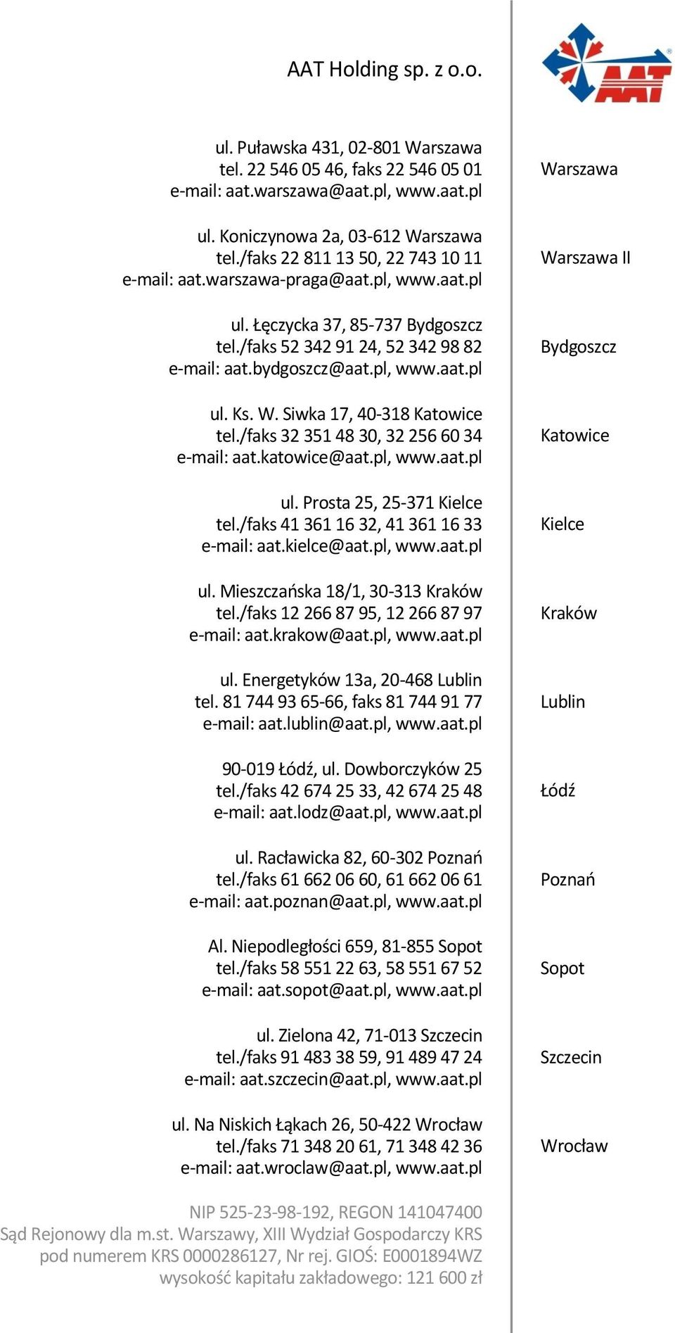 W. Siwka 17, 40-318 Katowice tel./faks 32 351 48 30, 32 256 60 34 e-mail: aat.katowice@aat.pl, www.aat.pl ul. Prosta 25, 25-371 Kielce tel./faks 41 361 16 32, 41 361 16 33 e-mail: aat.kielce@aat.