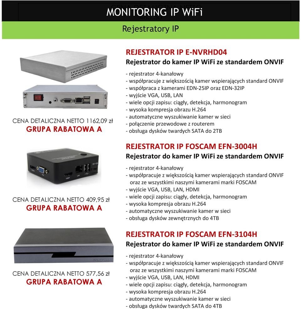 264 - automatyczne wyszukiwanie kamer w sieci - połączenie przewodowe z routerem - obsługa dysków twardych SATA do 2TB REJESTRATOR IP FOSCAM EFN-3004H Rejestrator do kamer IP WiFi ze standardem ONVIF