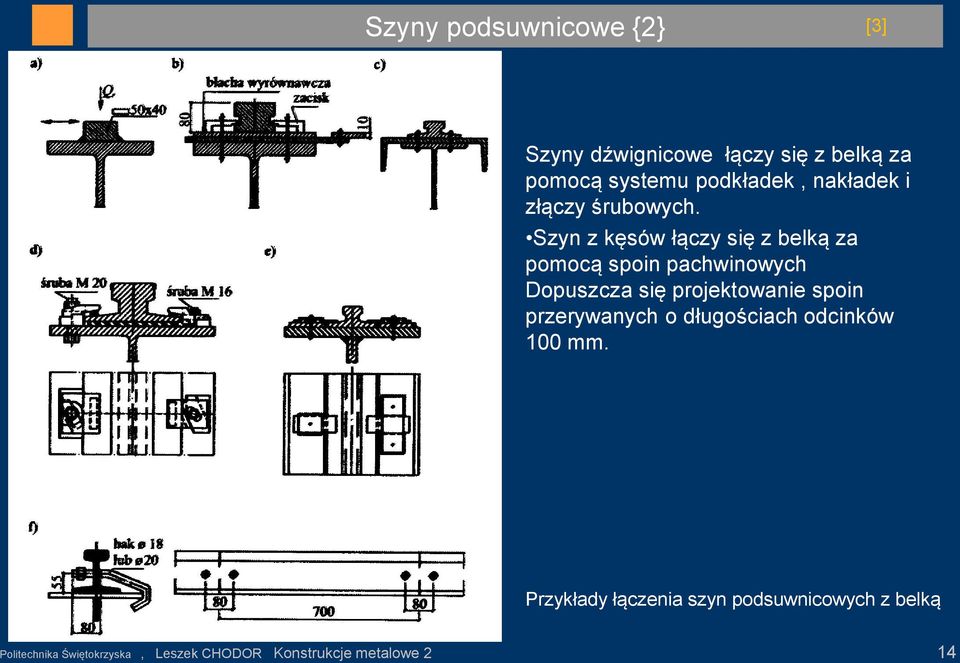 Szyn z kęsów łączy się z belką za pomocą spoin pachwinowych Dopuszcza się projektowanie