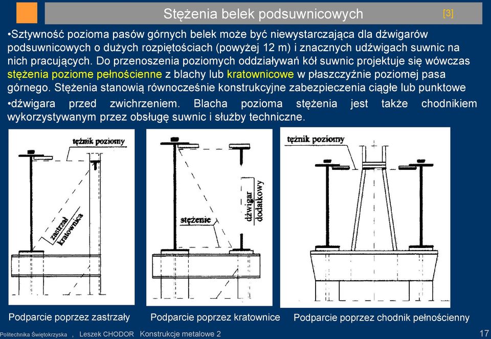 Do przenoszenia poziomych oddziaływań kół suwnic projektuje się wówczas stężenia poziome pełnościenne z blachy lub kratownicowe w płaszczyźnie poziomej pasa górnego.