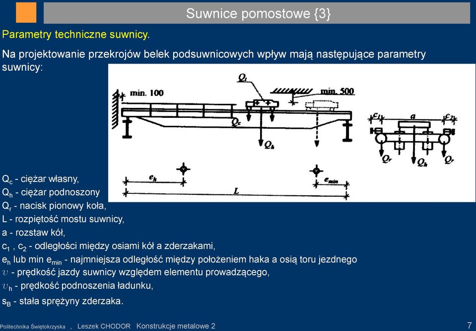 pionowy koła, L - rozpiętość mostu suwnicy, a - rozstaw kół, c 1, c 2 - odległości między osiami kół a zderzakami, e h lub min e min - najmniejsza