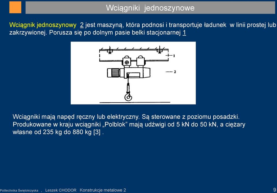 Porusza się po dolnym pasie belki stacjonarnej 1 Wciągniki mają napęd ręczny lub elektryczny.