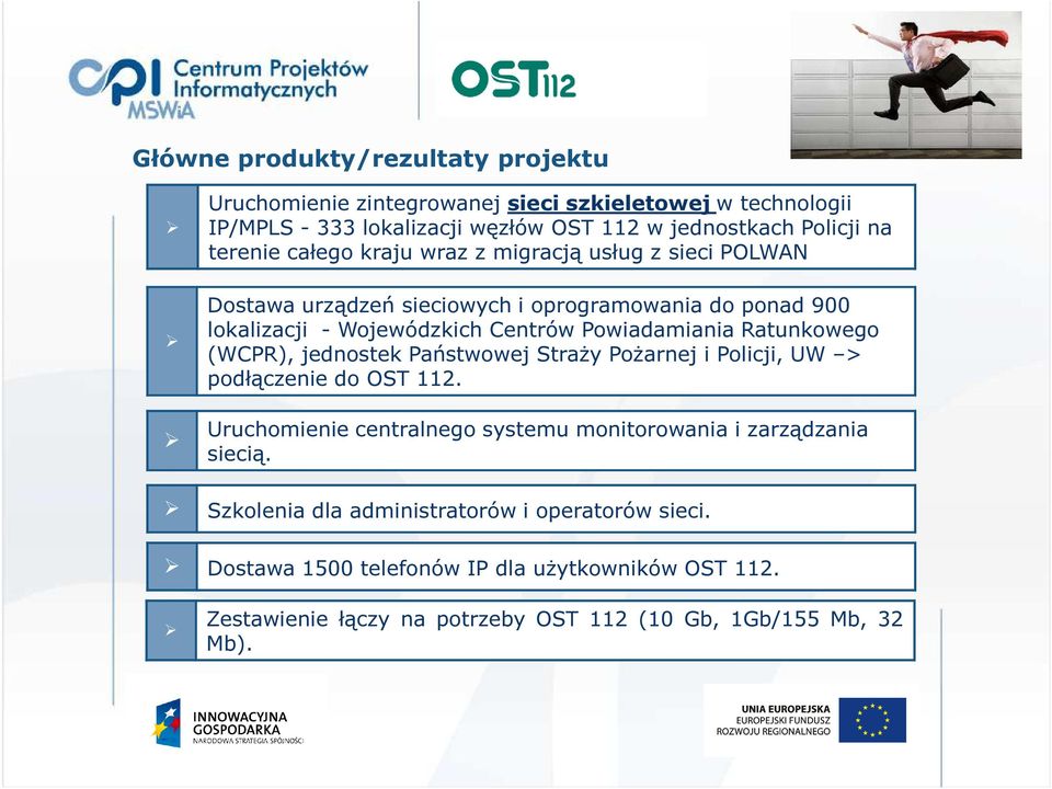 Ratunkowego (WCPR), jednostek Państwowej Straży Pożarnej i Policji, UW > podłączenie do OST 112. Uruchomienie centralnego systemu monitorowania i zarządzania siecią.