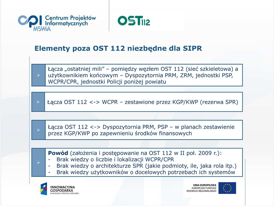 PSP w planach zestawienie przez KGP/KWP po zapewnieniu środków finansowych Powód (założenia i postępowanie na OST 112 w II poł. 2009 r.