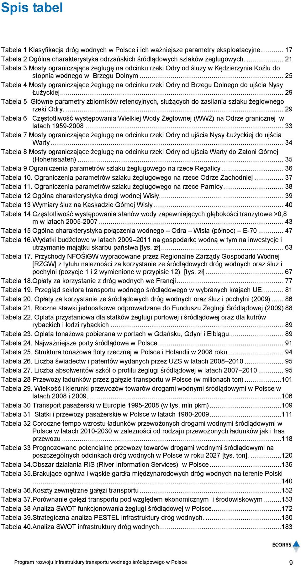 .. 25 Tabela 4 Mosty ograniczające żeglugę na odcinku rzeki Odry od Brzegu Dolnego do ujścia Nysy Łużyckiej.