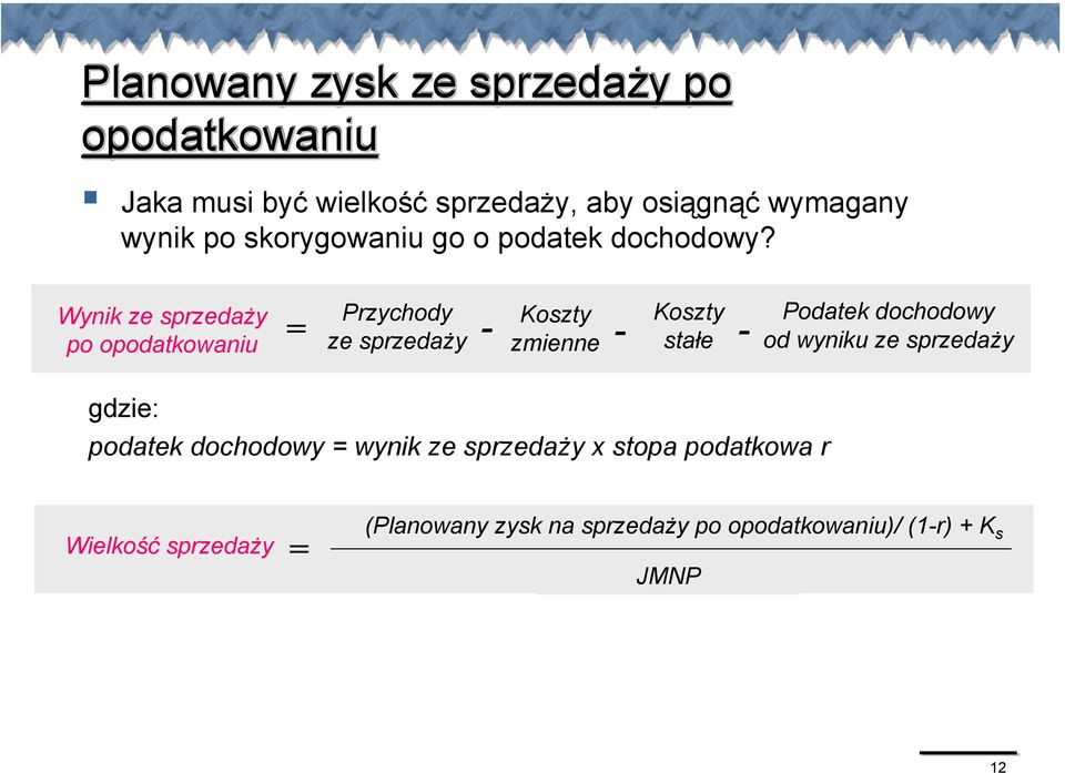 Wynik ze sprzedaży po opodatkowaniu Przychody = ze sprzedaży - Koszty zmienne - Koszty stałe - Podatek