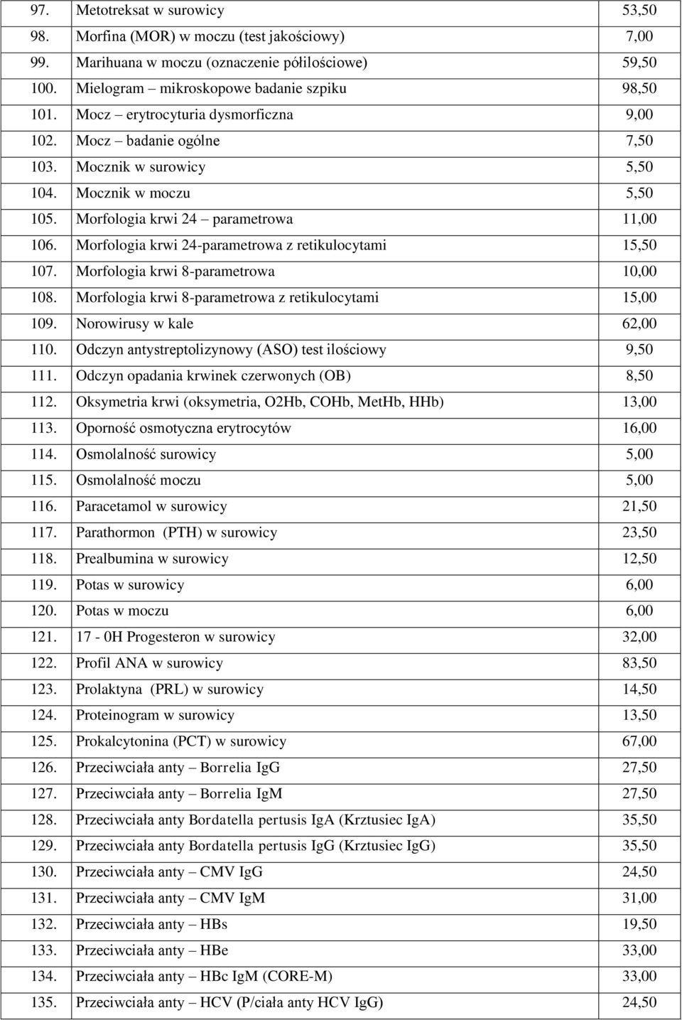 Morfologia krwi 24-parametrowa z retikulocytami 15,50 107. Morfologia krwi 8-parametrowa 10,00 108. Morfologia krwi 8-parametrowa z retikulocytami 15,00 109. Norowirusy w kale 62,00 110.