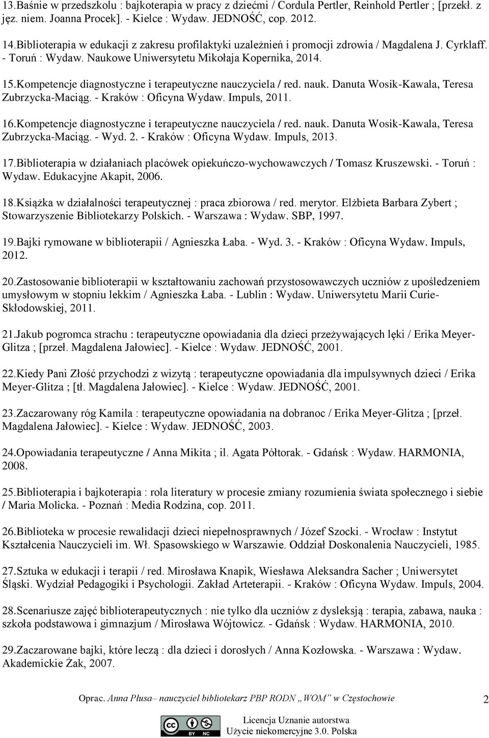 Kompetencje diagnostyczne i terapeutyczne nauczyciela / red. nauk. Danuta Wosik-Kawala, Teresa Zubrzycka-Maciąg. - Kraków : Oficyna Wydaw. Impuls, 2011. 16.