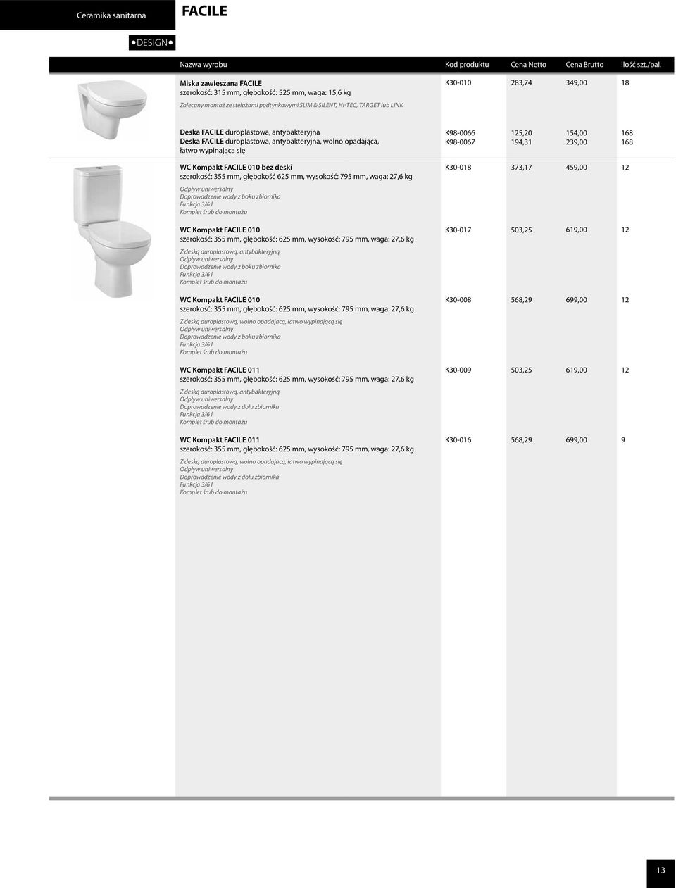 FACILE 010 bez deski szerokość: 355 mm, głębokość 625 mm, wysokość: 795 mm, waga: 27,6 kg K30-018 373,17 459,00 12 Odpływ uniwersalny Doprowadzenie wody z boku zbiornika Funkcja 3/6 l Komplet śrub do