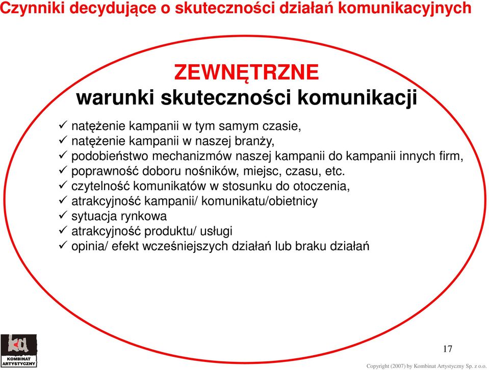 poprawność doboru nośników, miejsc, czasu, etc.