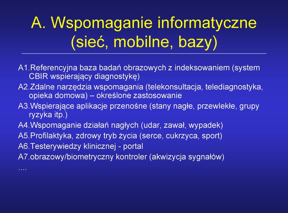 Zdalne narzędzia wspomagania (telekonsultacja, telediagnostyka, opieka domowa) określone zastosowanie A3.