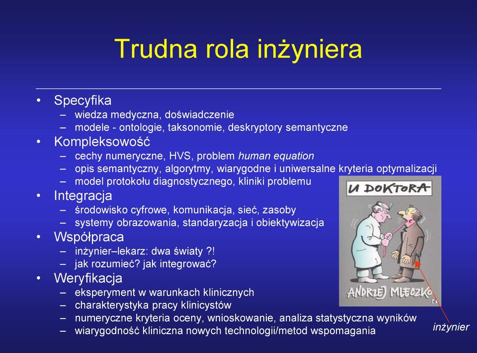 komunikacja, sieć, zasoby systemy obrazowania, standaryzacja i obiektywizacja Współpraca inżynier lekarz: dwa światy?! jak rozumieć? jak integrować?