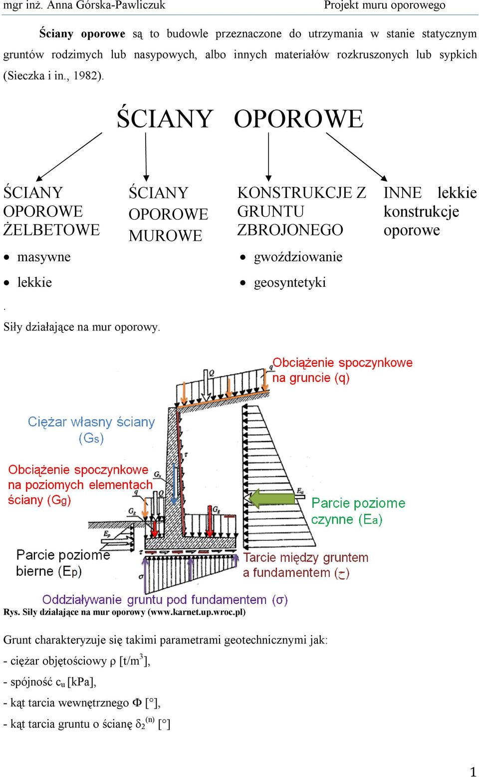 ŚCIANY OPOROWE MUROWE KONSTRUKCJE Z GRUNTU ZBROJONEGO gwoździowanie geosyntetyki INNE lekkie konstrukcje oporowe Rys. Siły działające na mur oporowy (www.