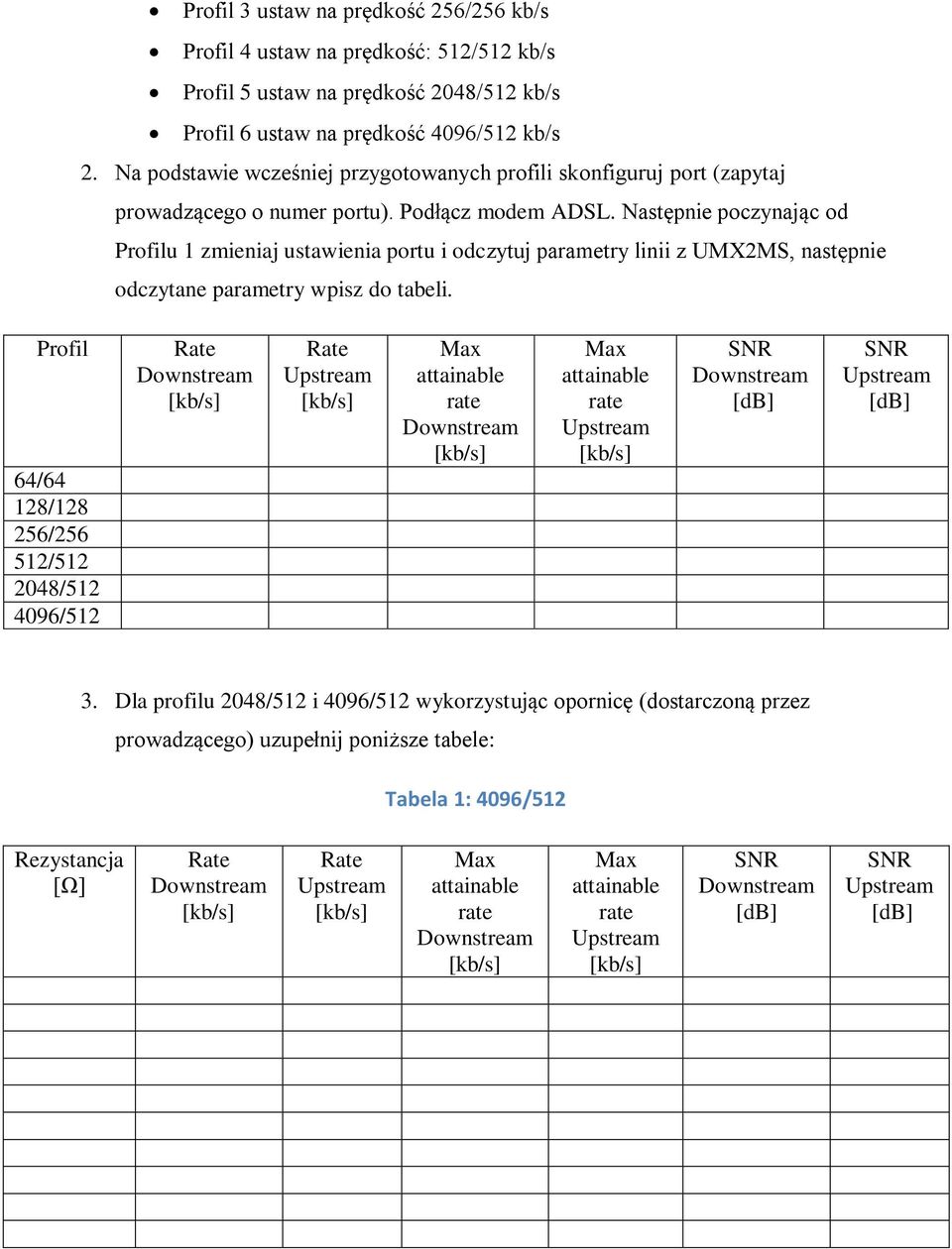Następnie poczynając od Profilu 1 zmieniaj ustawienia portu i odczytuj parametry linii z UMX2MS, następnie odczytane parametry wpisz do tabeli.