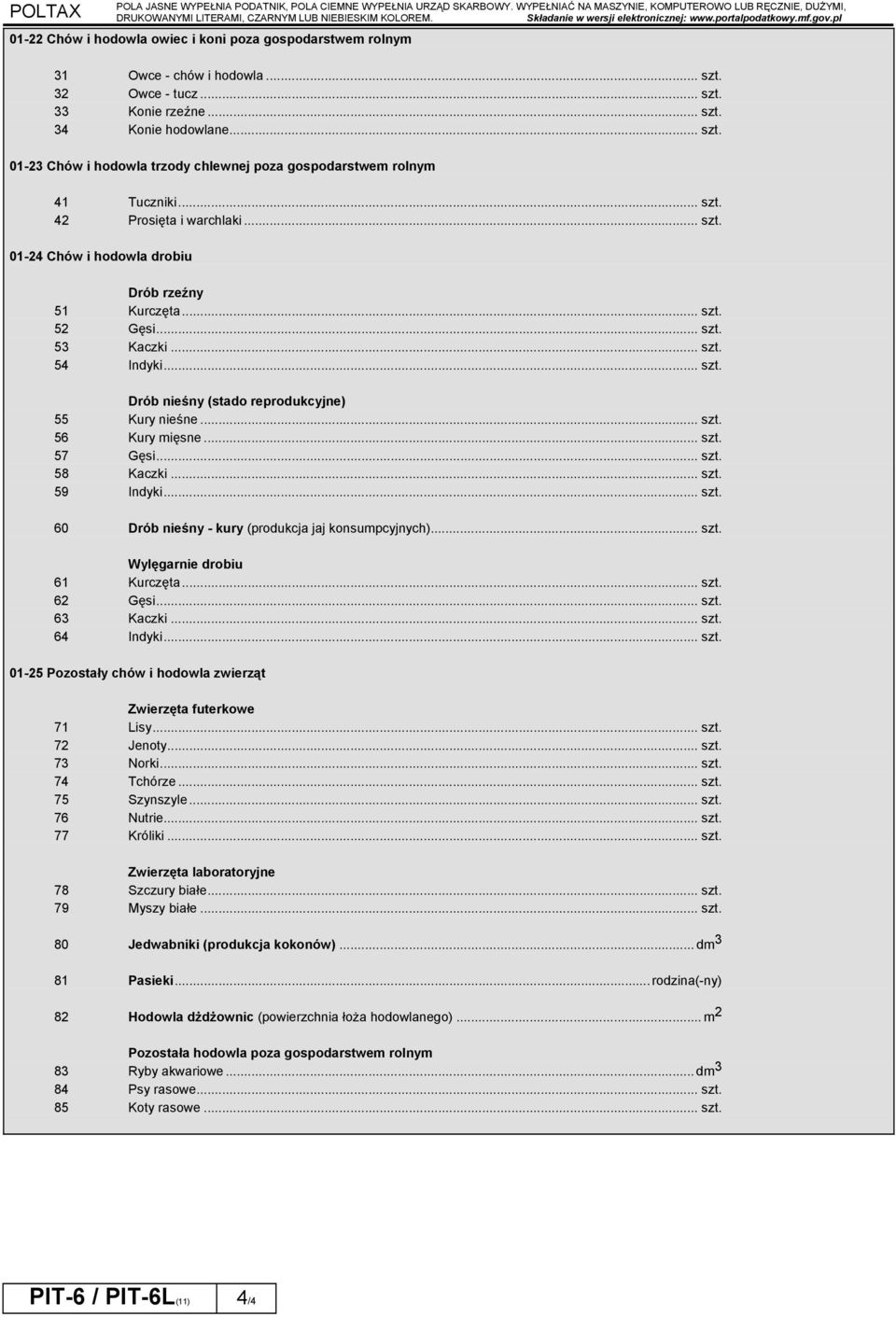.. szt. 42 Prosięta i warchlaki... szt. 01-24 Chów i hodowla drobiu Drób rzeźny 51 Kurczęta... szt. 52 Gęsi... szt. 53 Kaczki... szt. 54 Indyki... szt. Drób nieśny (stado reprodukcyjne) 55 Kury nieśne.