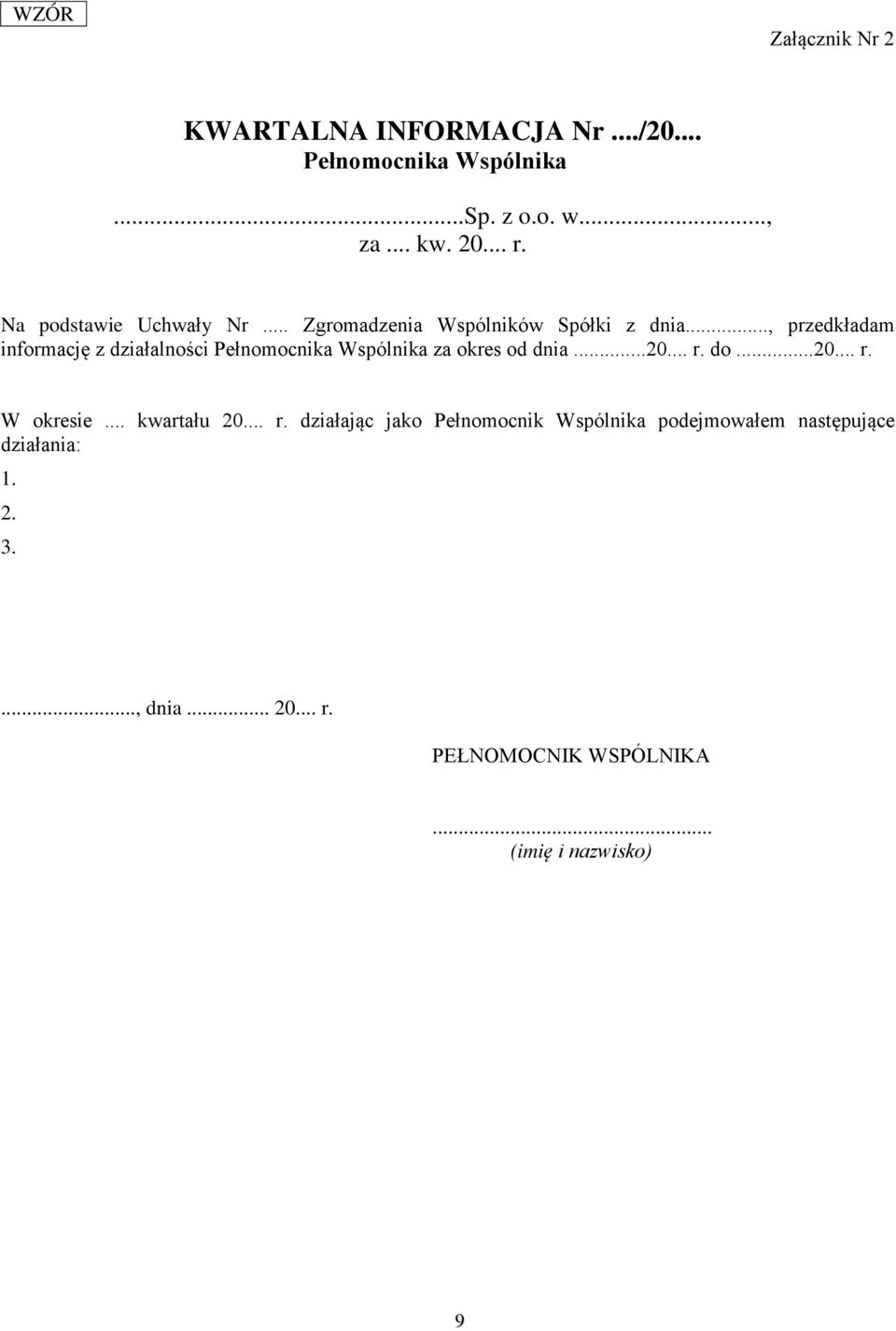 .., przedkładam informację z działalności Pełnomocnika Wspólnika za okres od dnia...20... r. do...20... r. W okresie.