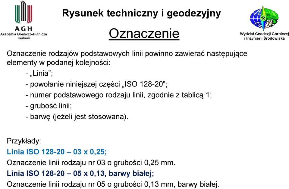 zgodnie z tablicą 1; - grubość linii; - barwę (jeżeli jest stosowana).