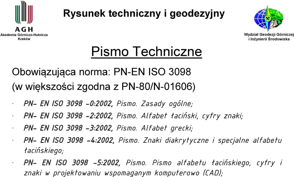 Alfabet łaciński, cyfry znaki; PN- EN ISO 3098-3:2002, Pismo. Alfabet grecki; PN- EN ISO 3098-4:2002, Pismo.