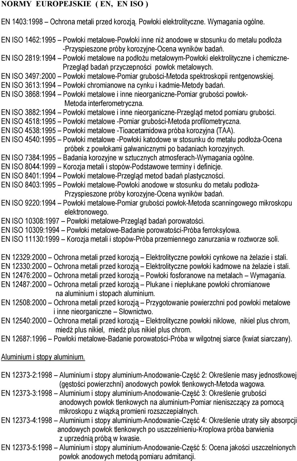 EN ISO 2819:1994 Powłoki metalowe na podłożu metalowym-powłoki elektrolityczne i chemiczne- Przegląd badań przyczepności powłok metalowych.