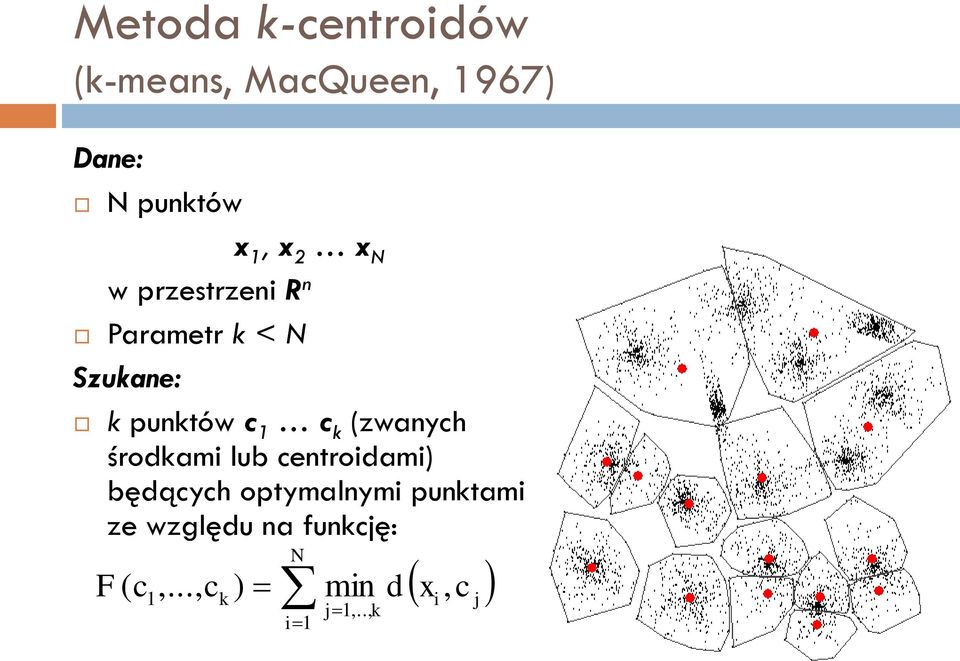 k (zwanych środkami lub centroidami) będących optymalnymi punktami