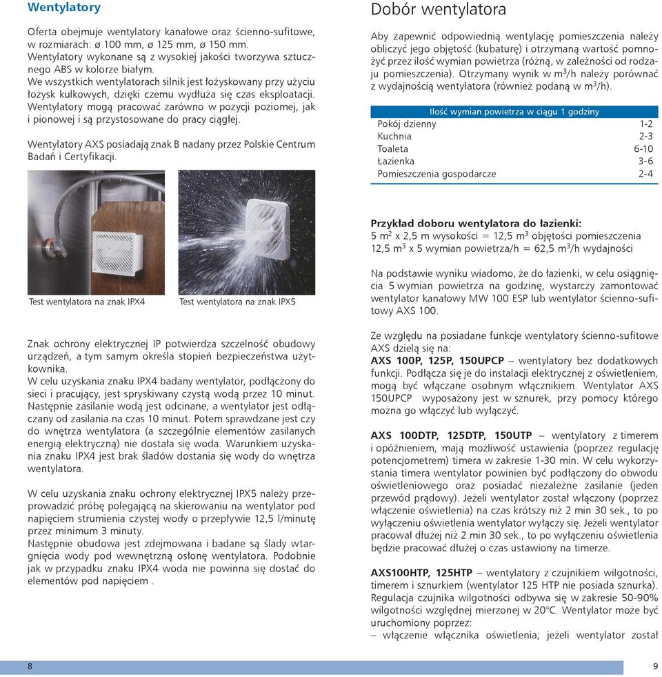 Wentylatory mogą pracować zarówno w pozycji poziomej, jak i pionowej i są przystosowane do pracy ciągłej. Wentylatory AXS posiadają znak B nadany przez Polskie Centrum Badań i Certyfikacji.