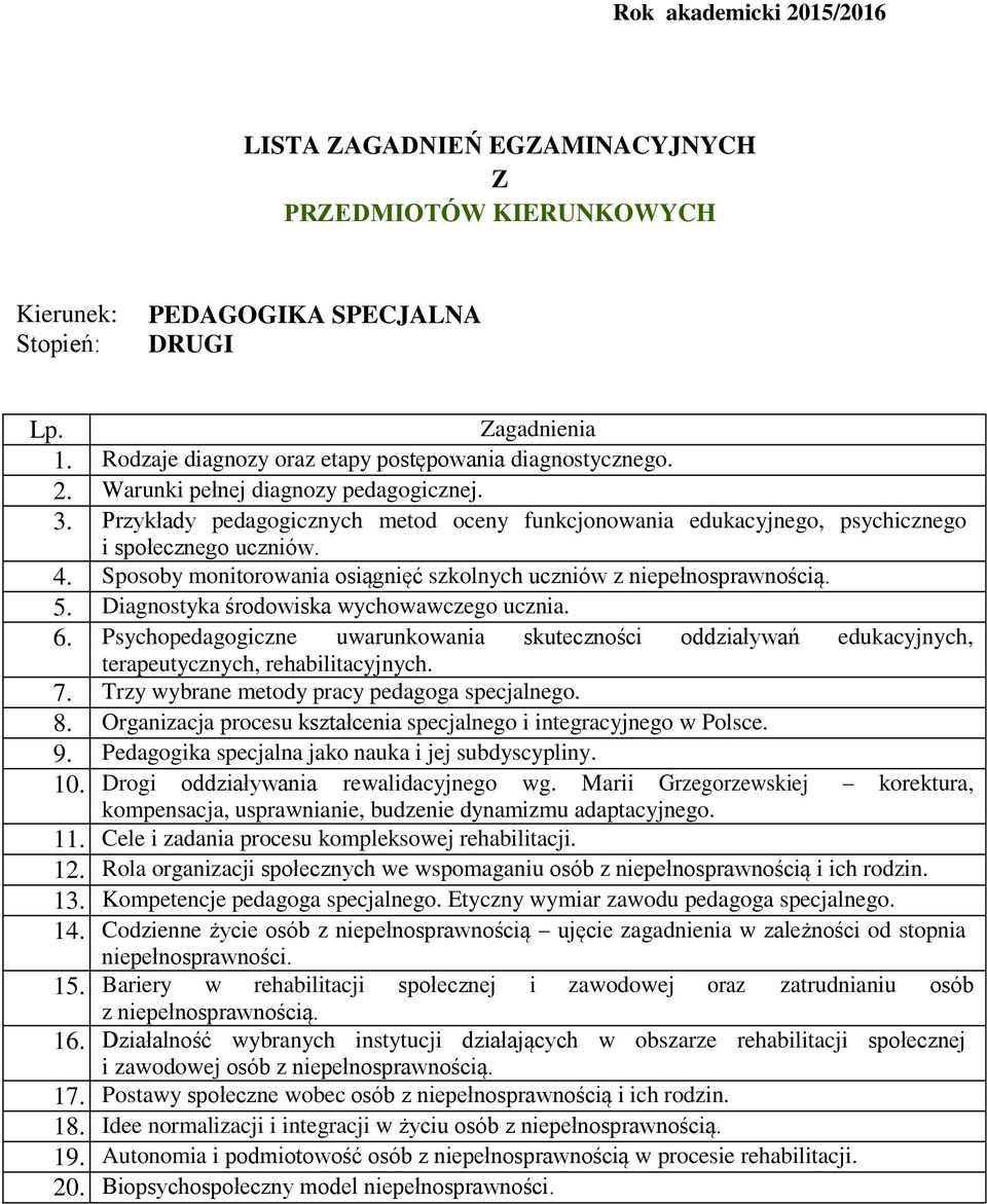 Diagnostyka środowiska wychowawczego ucznia. 6. Psychopedagogiczne uwarunkowania skuteczności oddziaływań edukacyjnych, terapeutycznych, rehabilitacyjnych. 7.