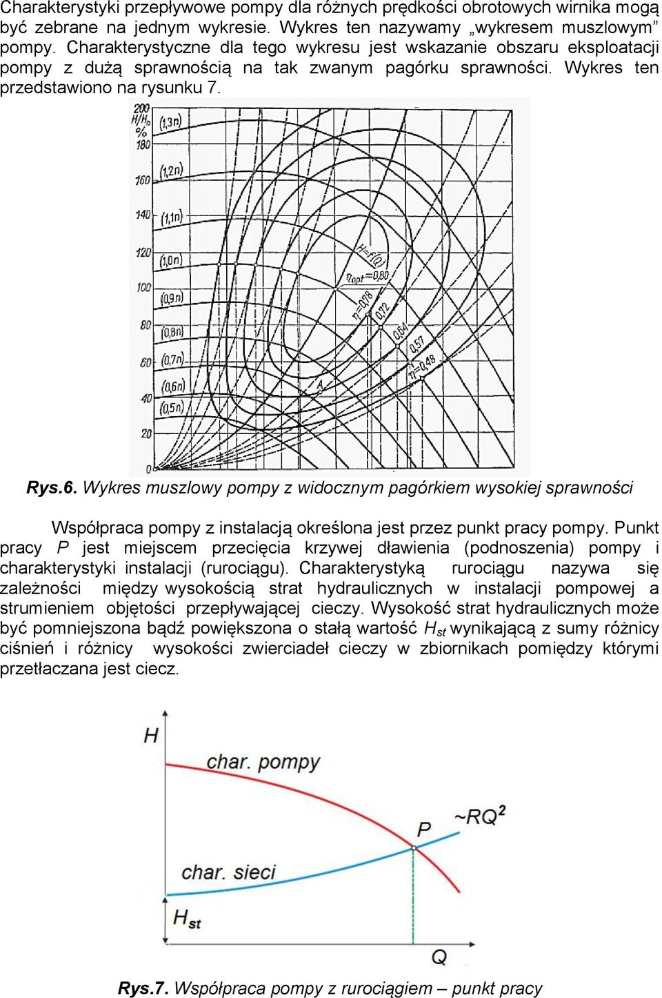 Wykres muszlowy pompy z widocznym pagórkiem wysokiej sprawności Współpraca pompy z instalacją określona jest przez punkt pracy pompy.