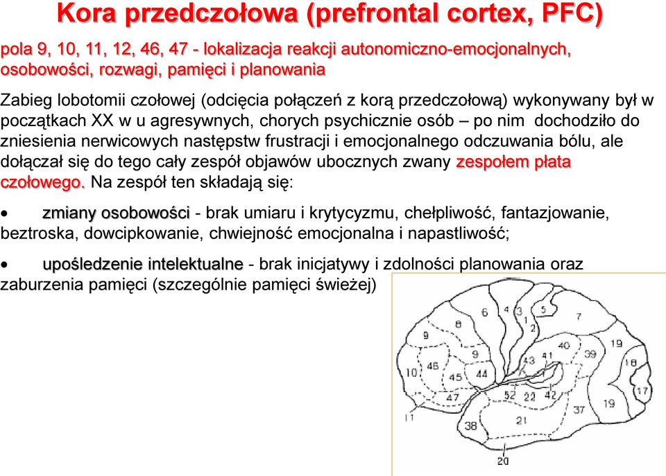 odczuwania bólu, ale dołączał się do tego cały zespół objawów ubocznych zwany zespołem płata czołowego.