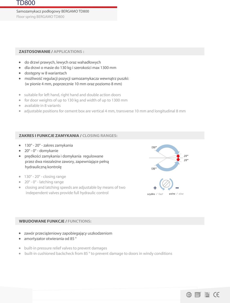 door weights of up to 130 kg and width of up to 1300 mm available in 8 variants adjustable positions for cement box are vertical 4 mm, transverse 10 mm and longitudinal 8 mm ZAKRES I FUNKCJE