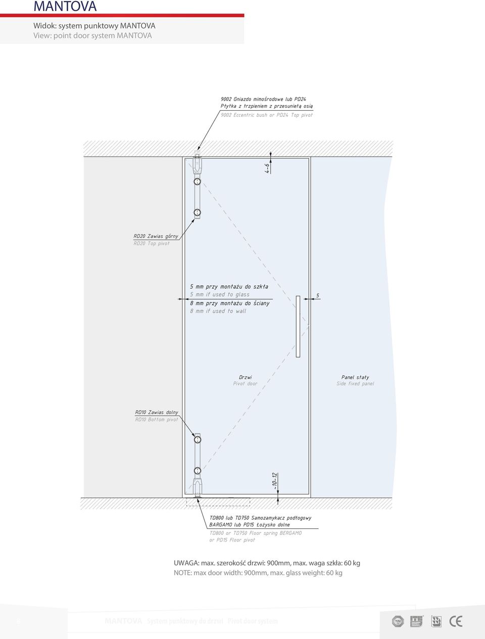 szkła 5 mm if used to glass 8 mm przy montażu do ściany 8 mm if used to wall TD800 lub TD750 Samozamykacz podłogowy BARGAMO lub PD15 Łożysko dolne TD800 or TD750 Floor spring BERGAMO