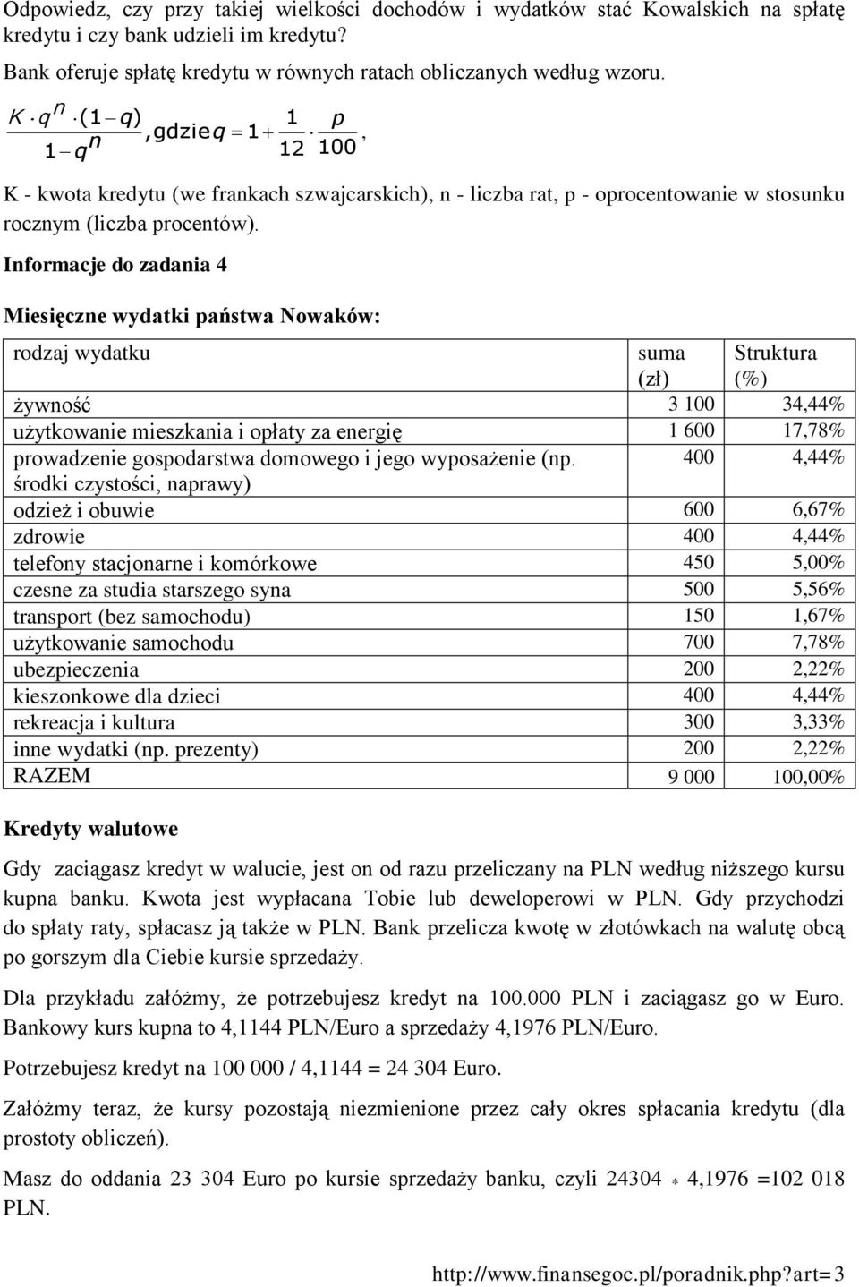 Informacje do zadania 4 Miesięczne wydatki państwa Nowaków: rodzaj wydatku suma (zł) Struktura (%) żywność 3 100 34,44% użytkowanie mieszkania i opłaty za energię 1 600 17,78% prowadzenie