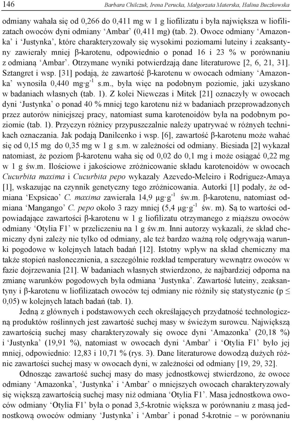 Owoce odmiany Amazonka i Justynka, które charakteryzowały się wysokimi poziomami luteiny i zeaksantyny zawierały mniej β-karotenu, odpowiednio o ponad 16 i 23 % w porównaniu z odmianą Ambar.