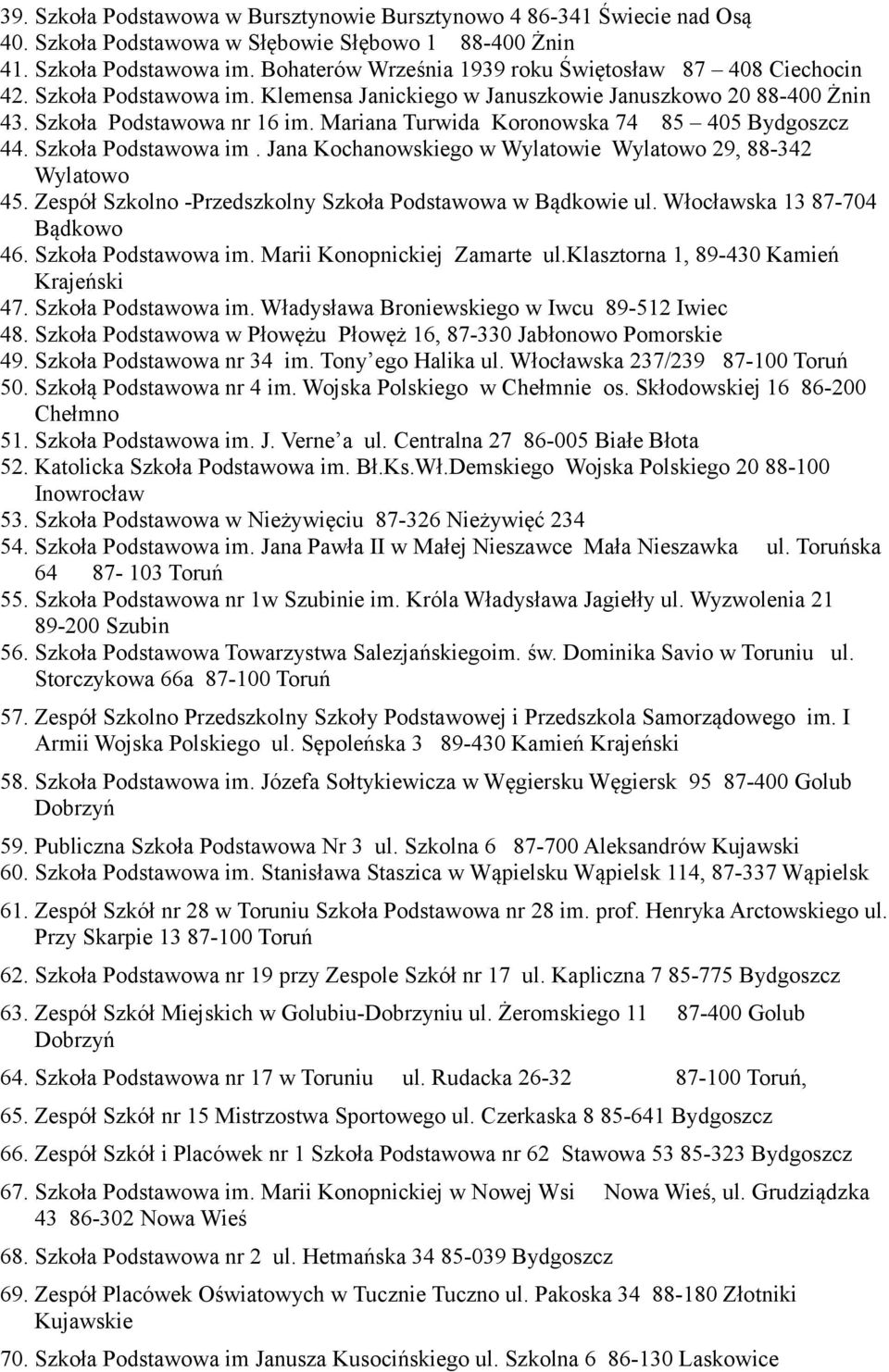 Mariana Turwida Koronowska 74 85 405 44. Szkoła Podstawowa im. Jana Kochanowskiego w Wylatowie Wylatowo 29, 88-342 Wylatowo 45. Zespół Szkolno -Przedszkolny Szkoła Podstawowa w Bądkowie ul.