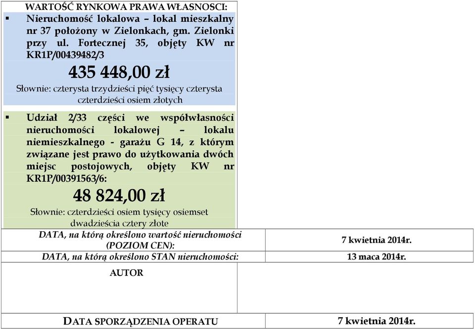 nieruchomości lokalowej lokalu niemieszkalnego - garażu G 14, z którym związane jest prawo do użytkowania dwóch miejsc postojowych, objęty KW nr KR1P/00391563/6: 48 824,00 zł