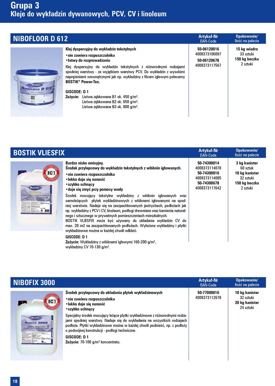 GISCODE: D 1 Zużycie: Listwa ząbkowana B1 ok. 450 g/m². Listwa ząbkowana B2 ok. 650 g/m². Listwa ząbkowana B3 ok. 800 g/m².