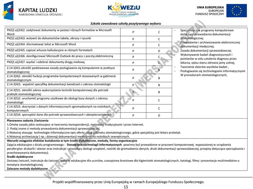 3(4)1.określić podstawowe zasady posługiwania się komputerem w praktyce stomatologicznej Z.14.3(4)2. określić funkcje programów komputerowych stosowanych w gabinecie stomatologicznym Z.14.3(4)3.