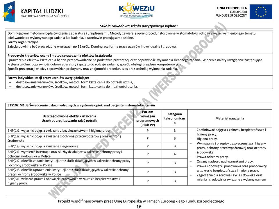 Formy organizacyjne Zajęcia powinny być prowadzone w grupach po 15 osób. Dominująca forma pracy uczniów indywidualna i grupowa.