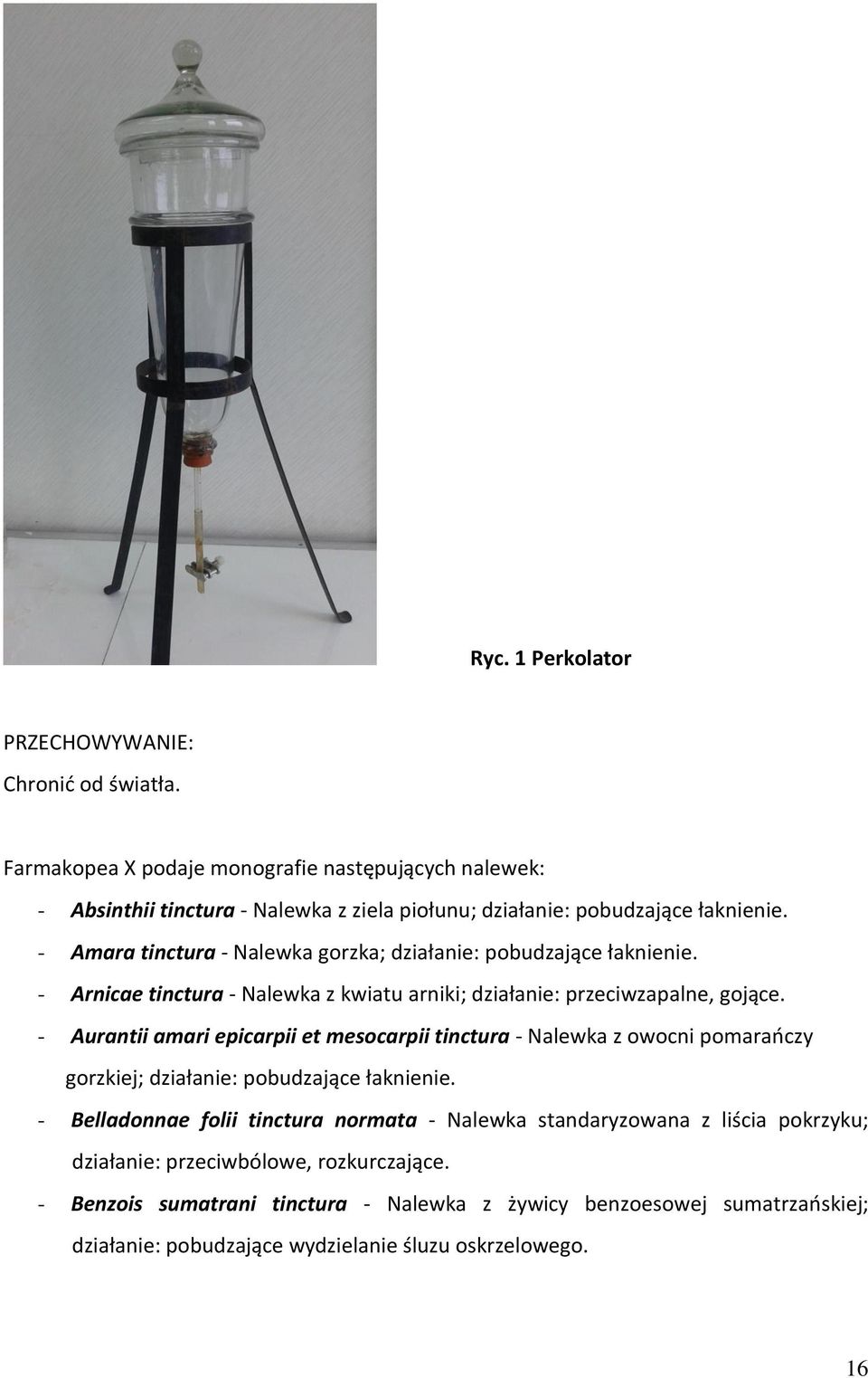 - Amara tinctura - Nalewka gorzka; działanie: pobudzające łaknienie. - Arnicae tinctura - Nalewka z kwiatu arniki; działanie: przeciwzapalne, gojące.